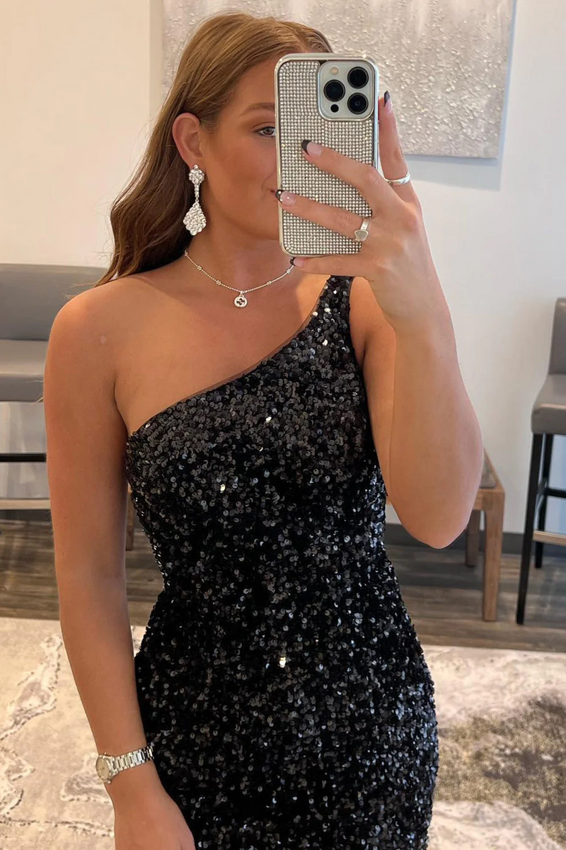 Black One Shoulder Sequin Dress