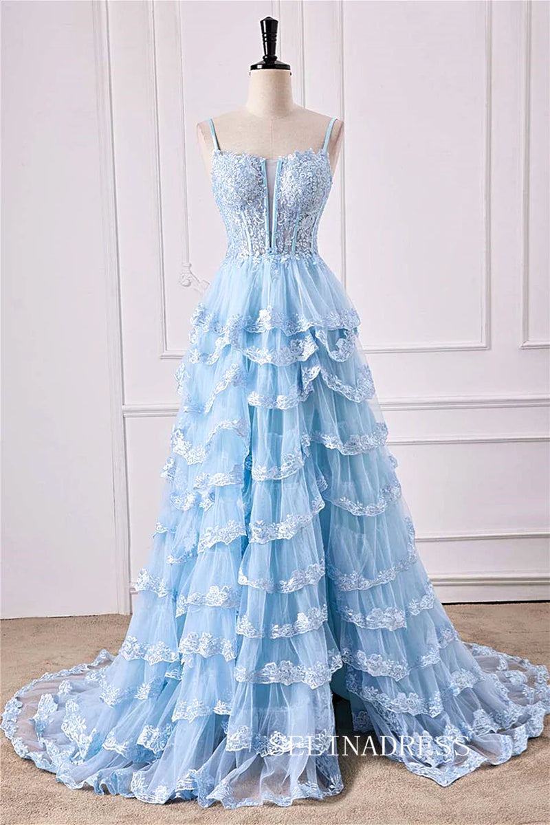 Light Blue Flower Prom Dress