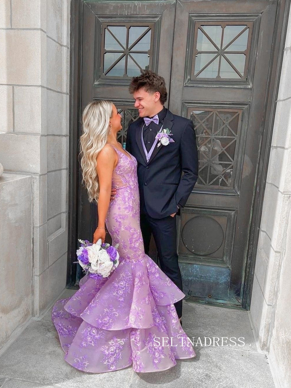 Chic Mermaid V neck Lace Long Prom Dress Lilac Elegant Evening Dress SELINADRESS