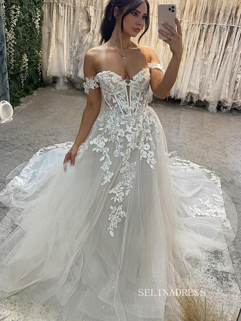 A-line V neck Lace Applique Wedding Dress Rustic Country Wedding Dress –  SELINADRESS