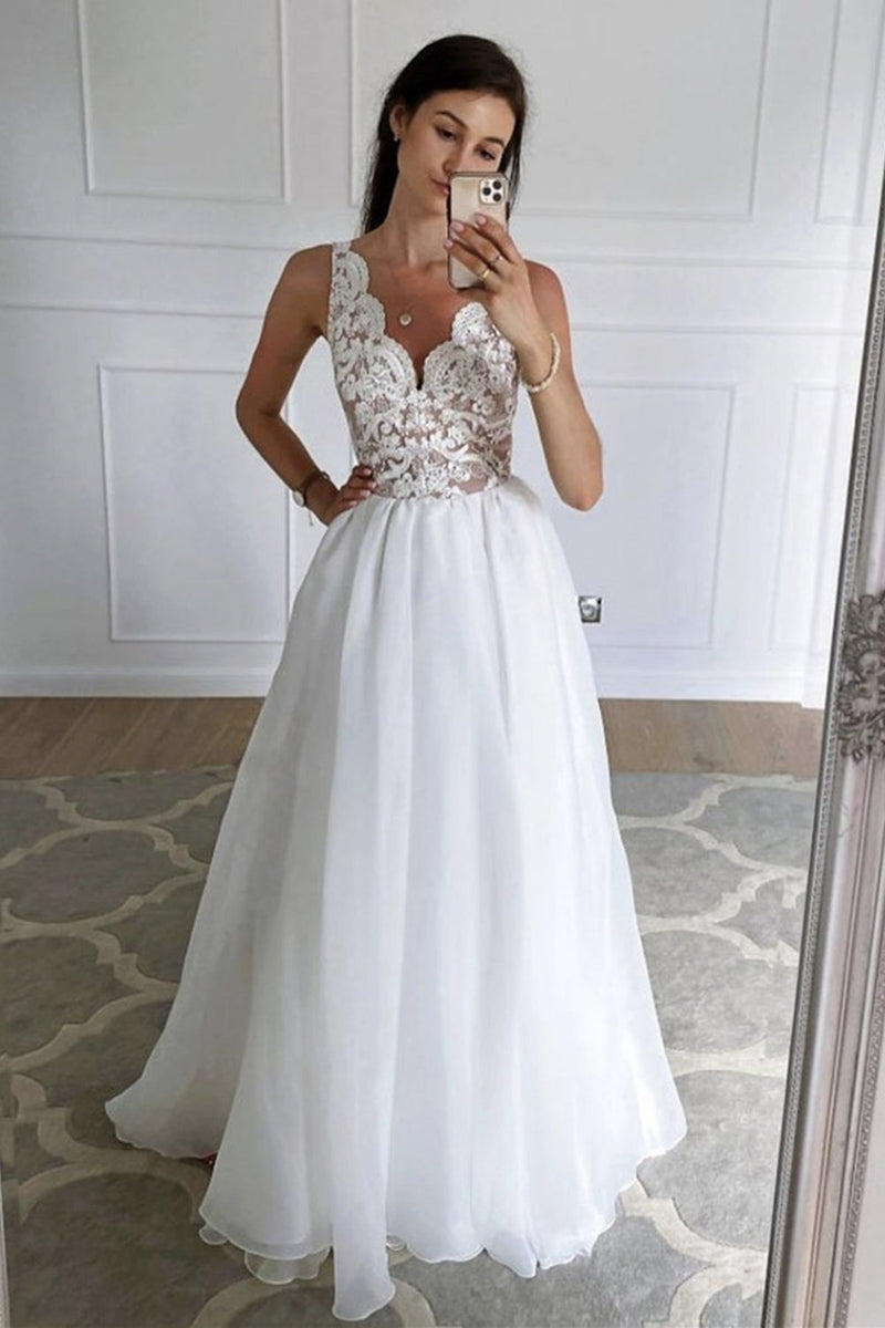 Deep V Neck and V Back White Lace Long Prom Wedding Dresses with Train,  White Lace Formal Dresses, V Neck White Evening Dresses SP2188
