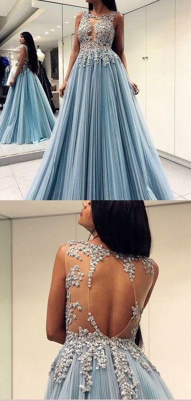 A line Scoop Long Prom Dresses With Applique Beading Beautiful