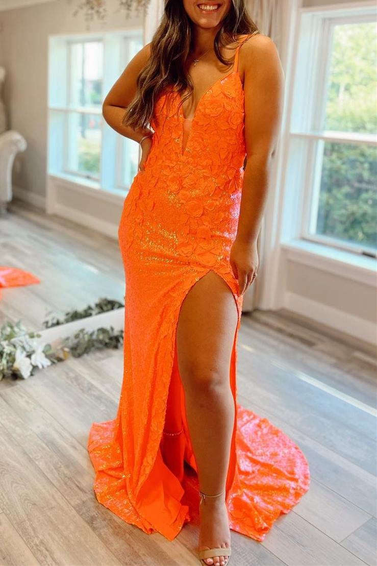 neon orange mermaid prom dresses
