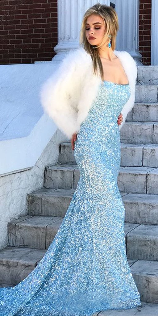 Sexy Mermaid Light Blue Lace Prom Dresses Open Back – MyChicDress
