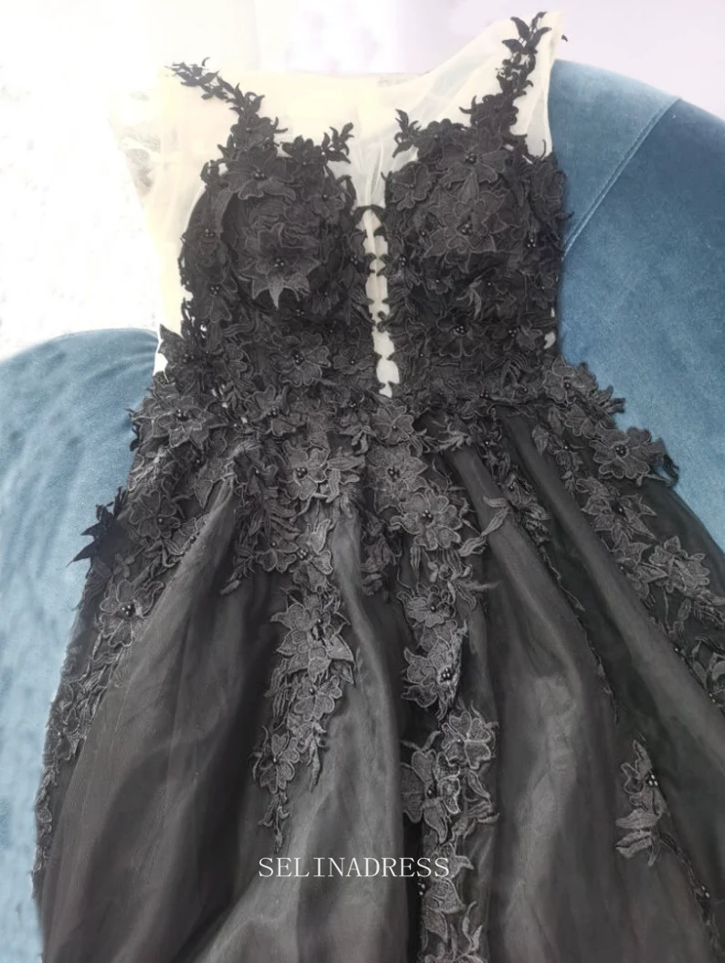 A-line Black Wedding Dress Lace Applique Wedding Dress Backless Side S –  SELINADRESS