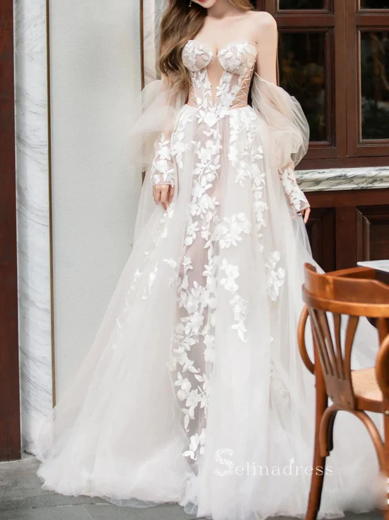 A-line Champagne Tulle Lace Long Prom Dress Wedding Dress Long Sleeve –  SELINADRESS
