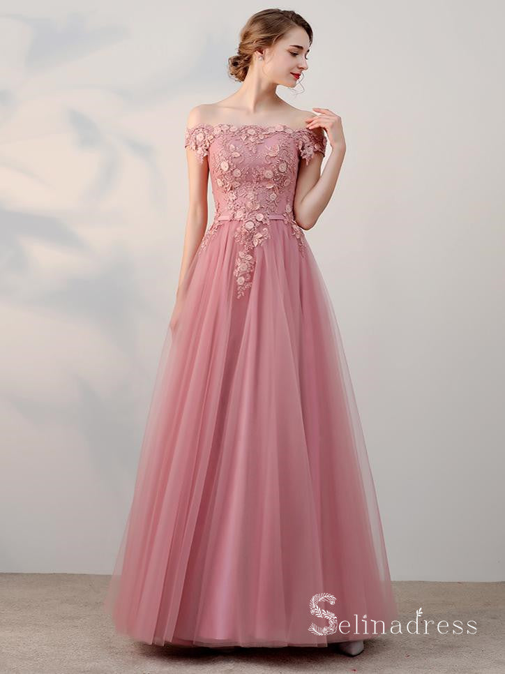 Off-the-Shoulder High Low Pink Long Sleeves Lace Prom Dress – Pgmdress