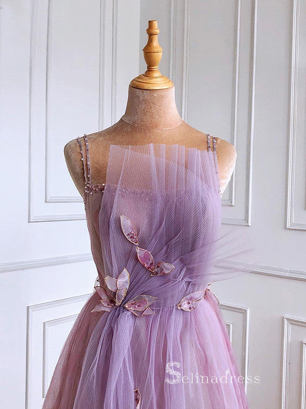 A-line Spaghetti Straps Purple Tulle Long Custom Bridesmaid