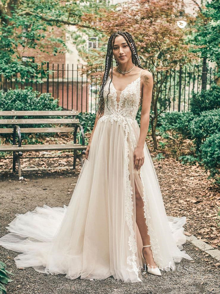 Mermaid Spaghetti Straps Rustic Wedding Dresses Backless Wedding Gowns –  SELINADRESS