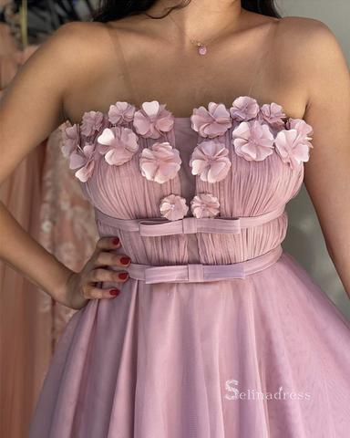 Simple A Line Tulle Ruffle Pink Prom Dresses Strapless Modest Formal E –  MyChicDress