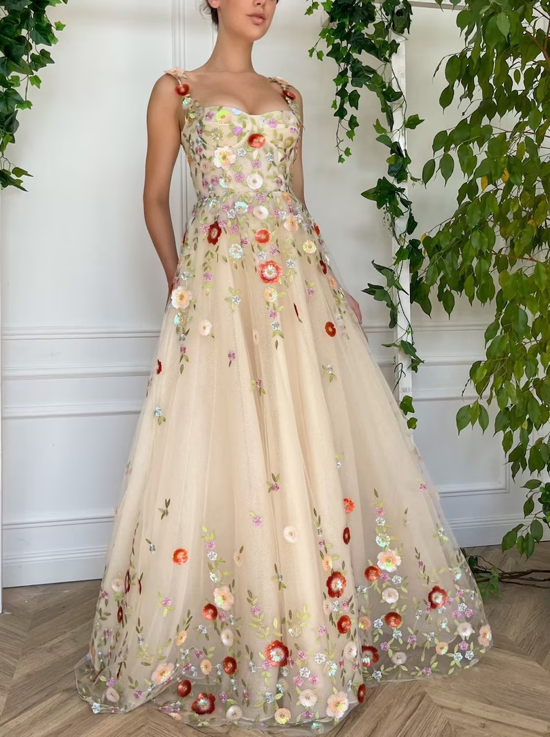 Sweetheart Neck Floor Length Tulle Embroidery Floral Prom Dress