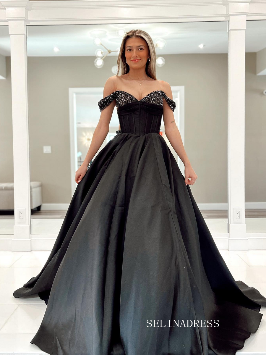 A-line Strapless Black long Prom Dress Sparkly Beaded Formal Dresses K –  SELINADRESS