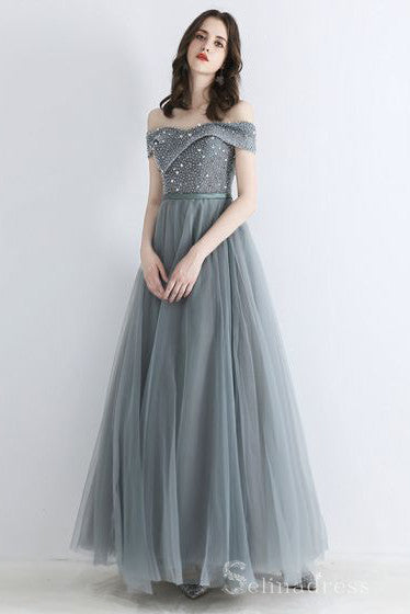 GPPZM Elegant Silver Gray Off Shoulder Evening Formal Dresses