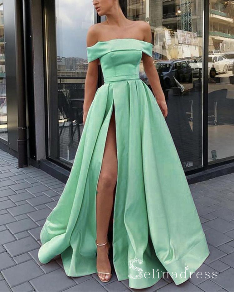 Simple Off Shoulder Green Satin Long Prom Dress with Slit, Off the Sho –  abcprom