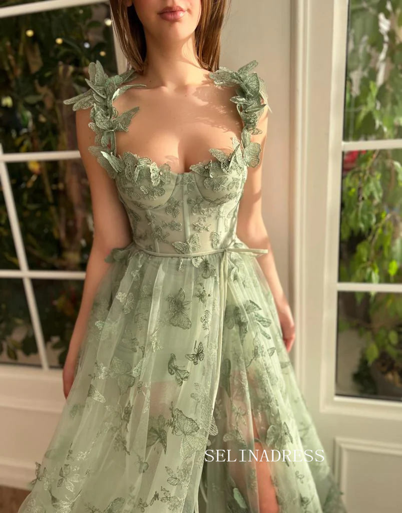 Chic A-line Straps 3D Floral Lace Long Prom Dresses With Embroidery  Butterfly Green Evening Dresses jkw232