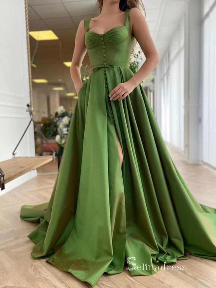 Chic A-line Straps Green Simple Long Prom Dresses Satin Evening Dress MLK033