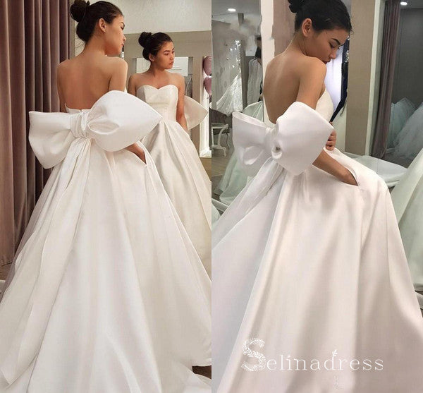 Chic A-line Sweetheart White Wedding Dresses With Big Bow Satin Bridal –  selinadress