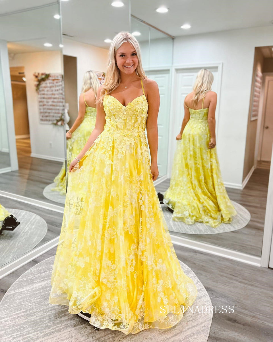 Elegant Ivory Long Prom Dress with Lace Appliques US 10 / Yellow