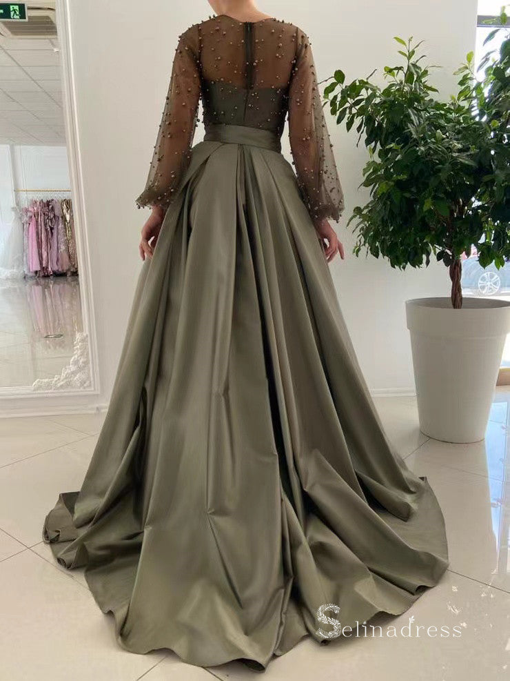 Chic Unique Bateau Long Sleeve Prom Dresses Beaded Satin Evening