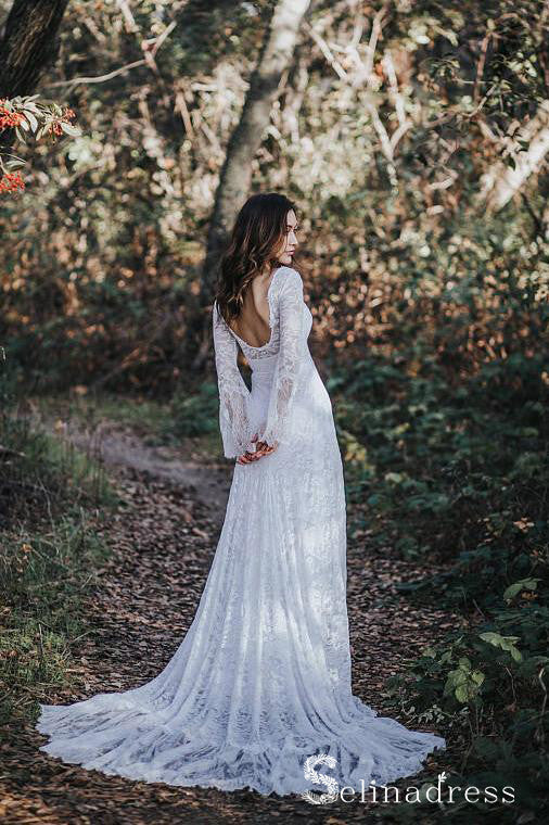 Long Sleeve Lace Applique Wedding Dresses Chapel Train Bridal