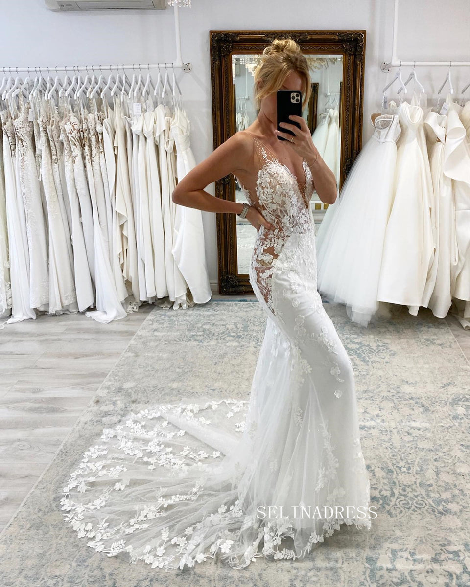 Mermaid Deep V neck Wedding Dresses Romantic 3D Floral Lace Bidal Dres –  SELINADRESS