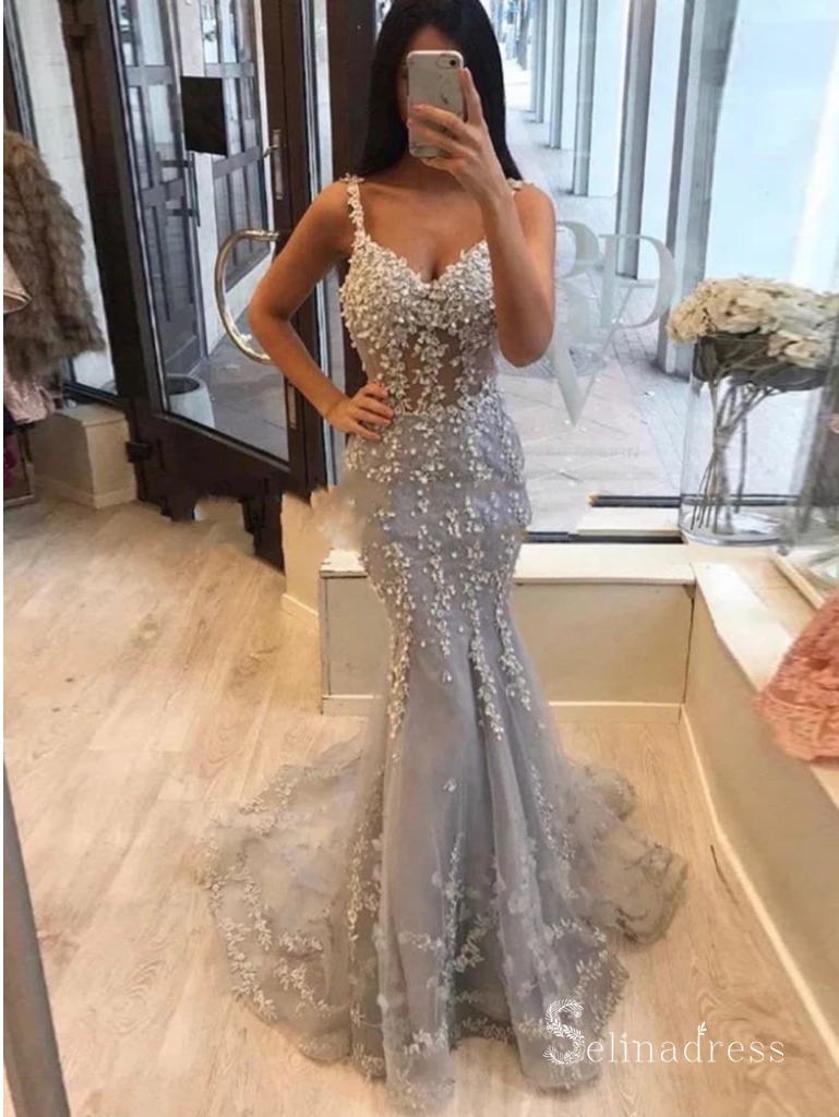 Mermaid Spaghetti Straps Floral Lace Long Prom Dresses Evening Dress C –  SELINADRESS