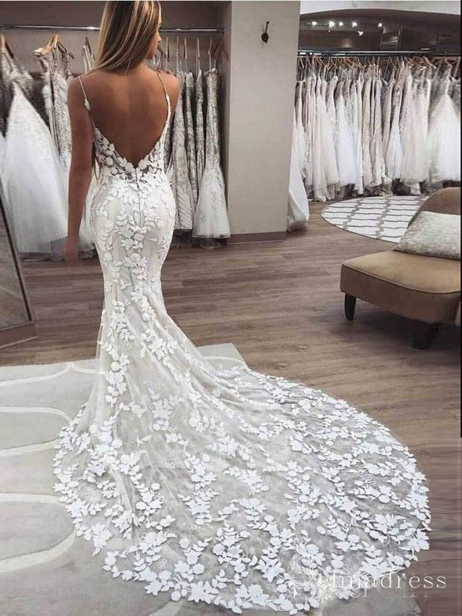 Mermaid Spaghetti Straps Low Cut Backless Lace Wedding Dress