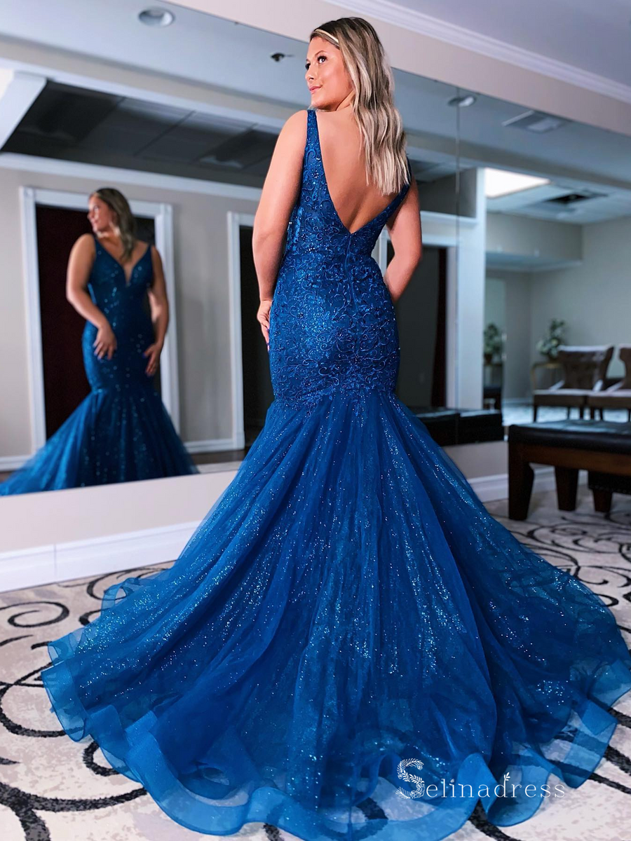 Charming Mermaid V-neck Open Back Light Blue Lace Prom Dresses,Elegant  Evening Party Dresses,MP549