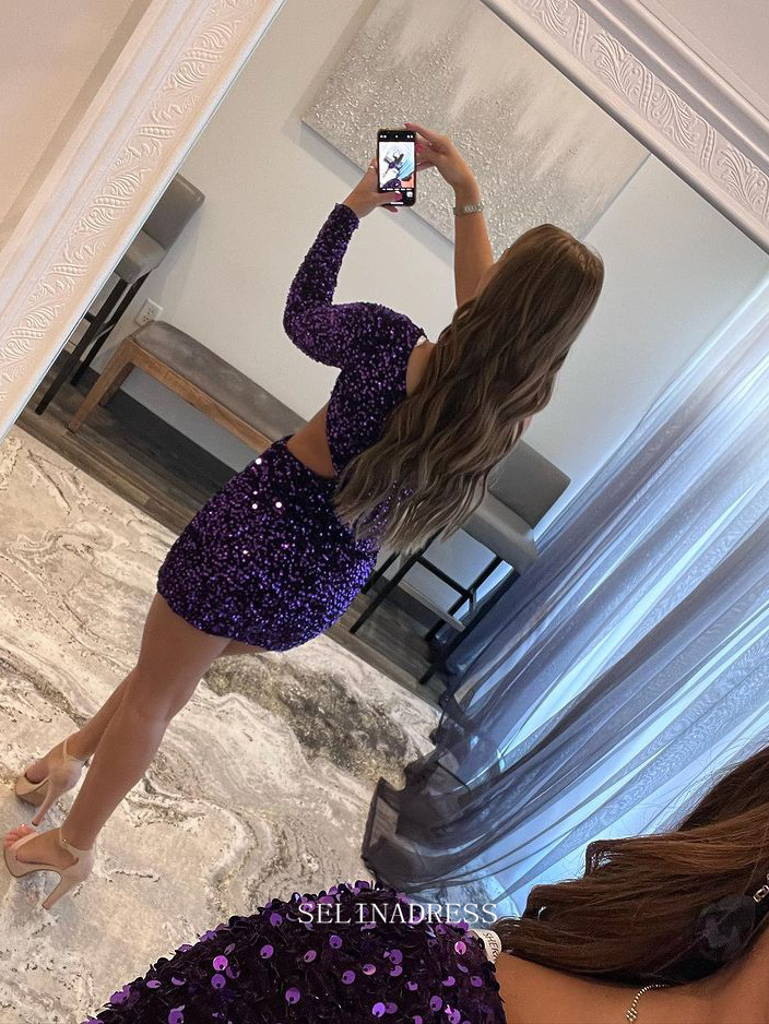 Violet |One Shoulder Sequins Homecoming Dress with Sleeve
