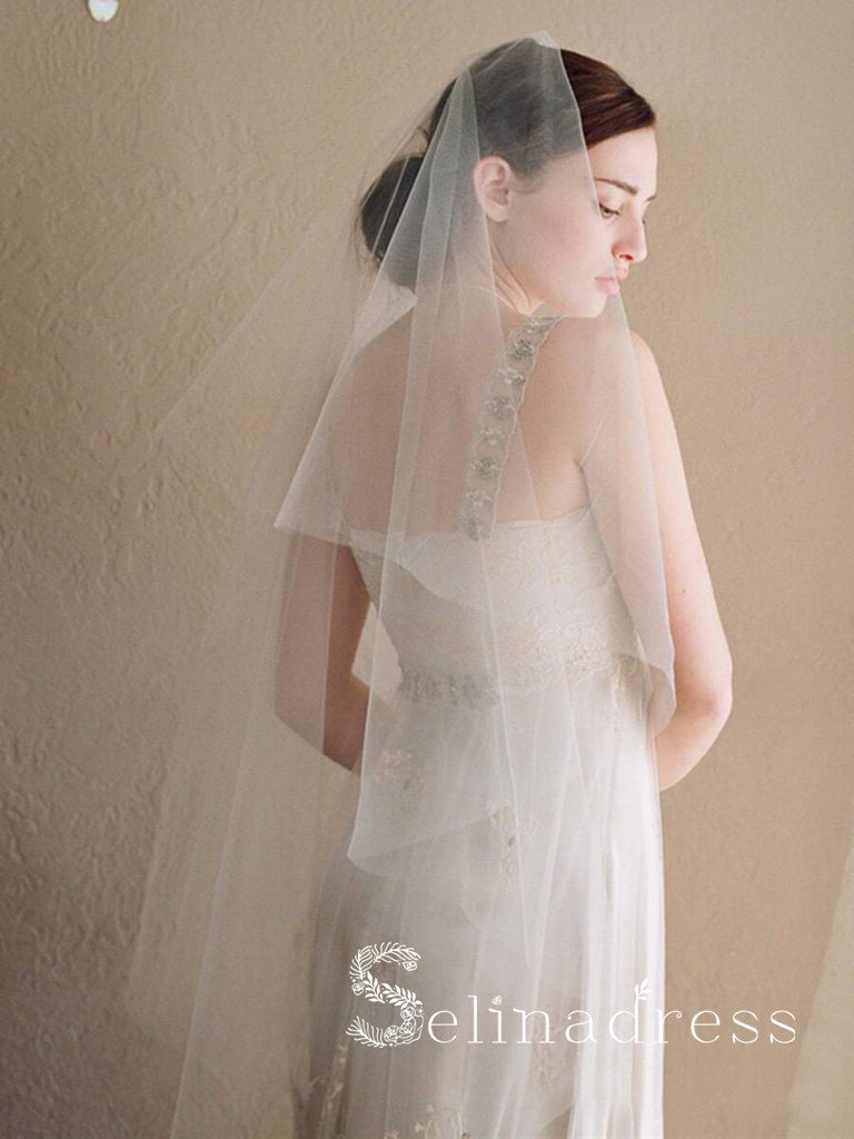 Traditional Drop Veils Ivory Tulle & Lace Wedding Veil ALC008 – selinadress