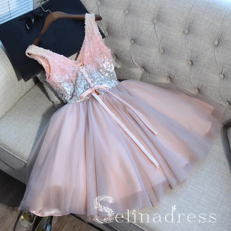 Pink V-Neck Sequins Short Prom Dress, Cute A-Line Homecoming Dress