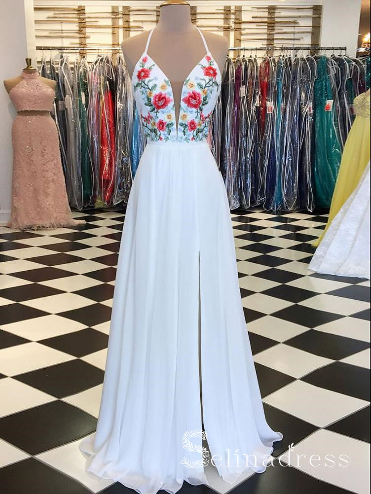 White floral shop embroidered prom dress