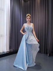 Luxury Light Sky Blue Straps Sequins Long Formal Dresses Evening Dress 222216