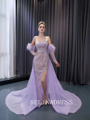 Luxury Lilac Mermaid Long Formal Dresses Sweetheart Evening Dress With Removable Sleeves 241100