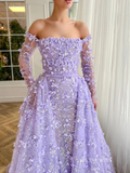 3D Floral Lace Long Prom Dresses With Overskirt Long Sleeve Evening Dress #EWR902|Selinadress