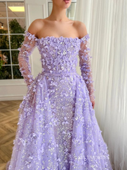 3D Floral Lace Long Prom Dresses With Overskirt Long Sleeve Evening Dress #EWR902|Selinadress