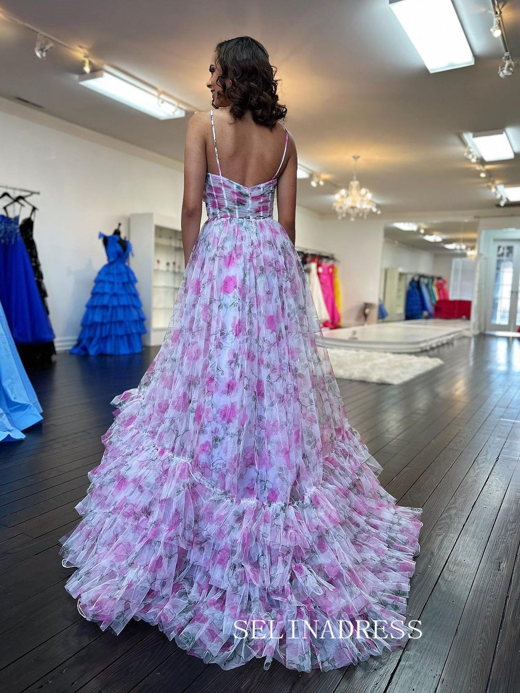 A-line Ball Gown Straps Print Floral Long Prom Dress Evening Gowns lpk912|Selinadress