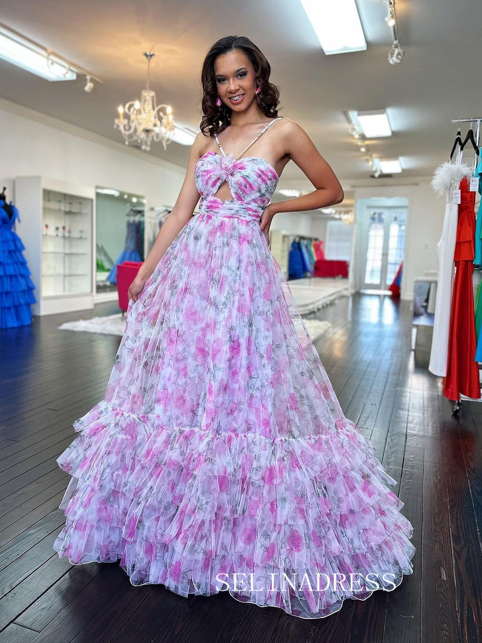 A-line Ball Gown Straps Print Floral Long Prom Dress Evening Gowns lpk912|Selinadress