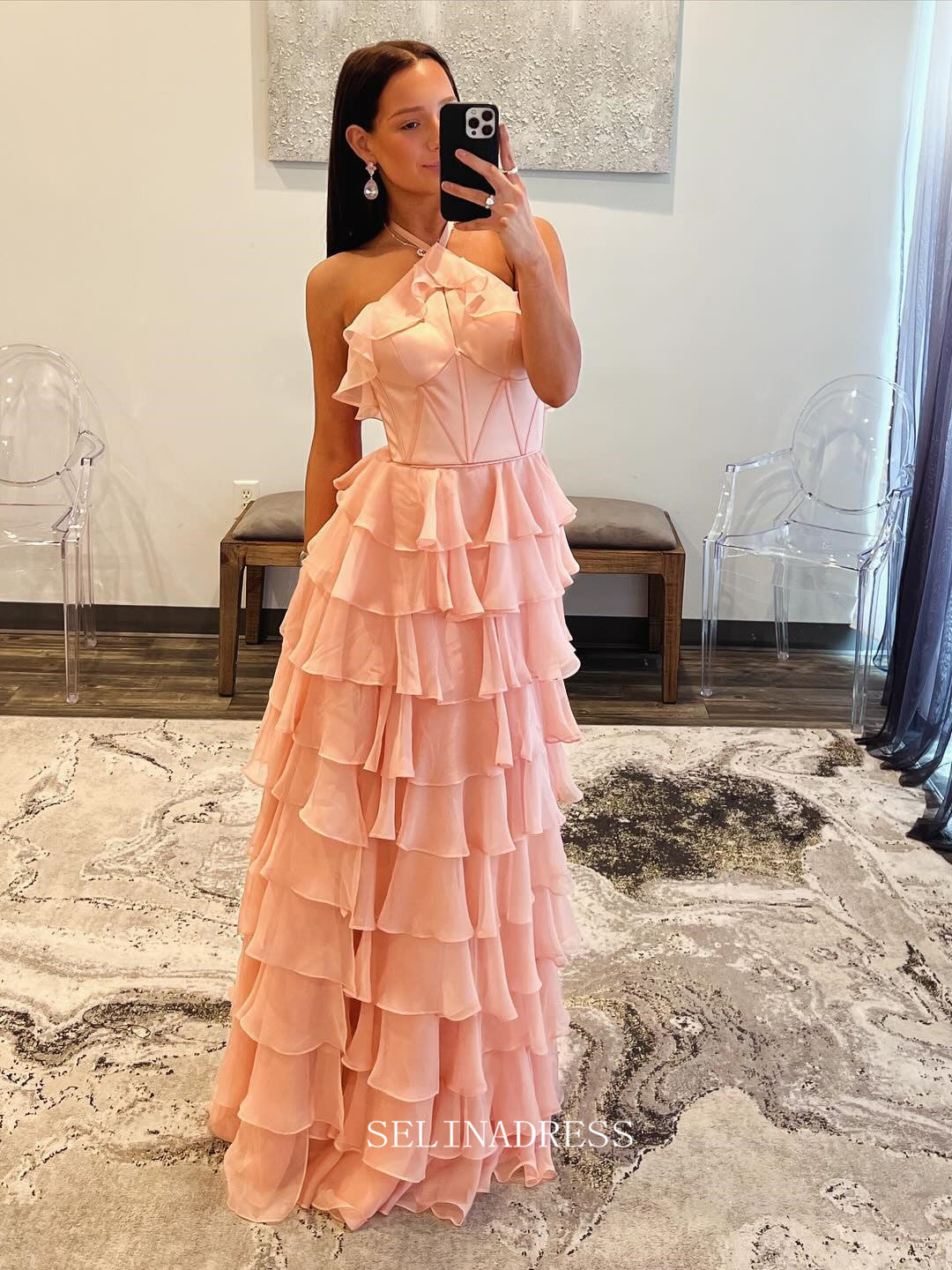 A-line Halter Fuchsia Ruffles Long Prom Dress With Slit lpk931|Selinadress