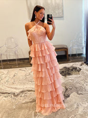 A-line Halter Fuchsia Ruffles Long Prom Dress With Slit lpk931|Selinadress