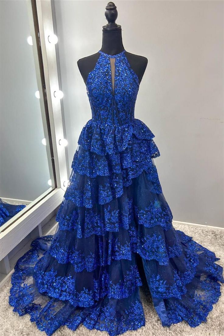 A-line Halter Royal Blue Sequin Tulle Ruffles Gown sew1085|Selinadress