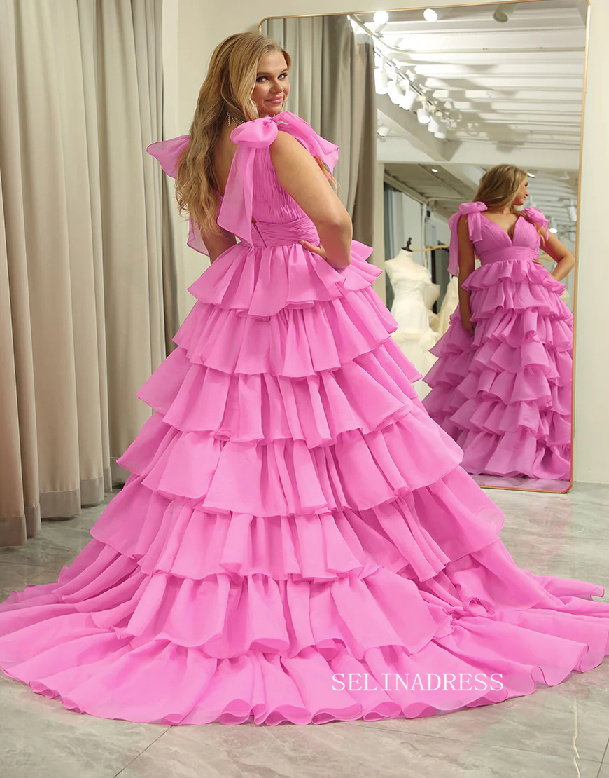 A-line Hot Pink Bow Tie Layers Straps Long Prom Dress with Slit lps030|Selinadress