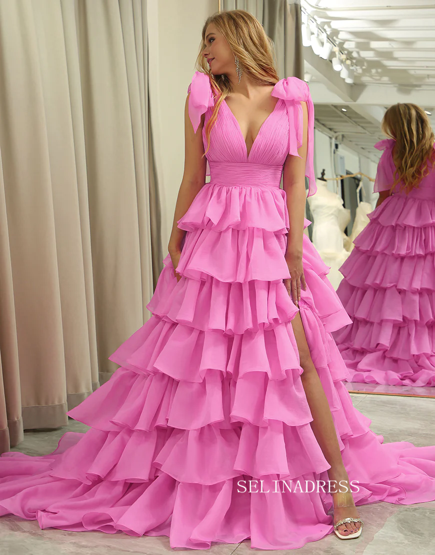 A-line Hot Pink Bow Tie Layers Straps Long Prom Dress with Slit lps030|Selinadress