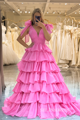 A-line Hot Pink Bow Tie Layers Straps Long Prom Dress with Slit lps030|Selinadress