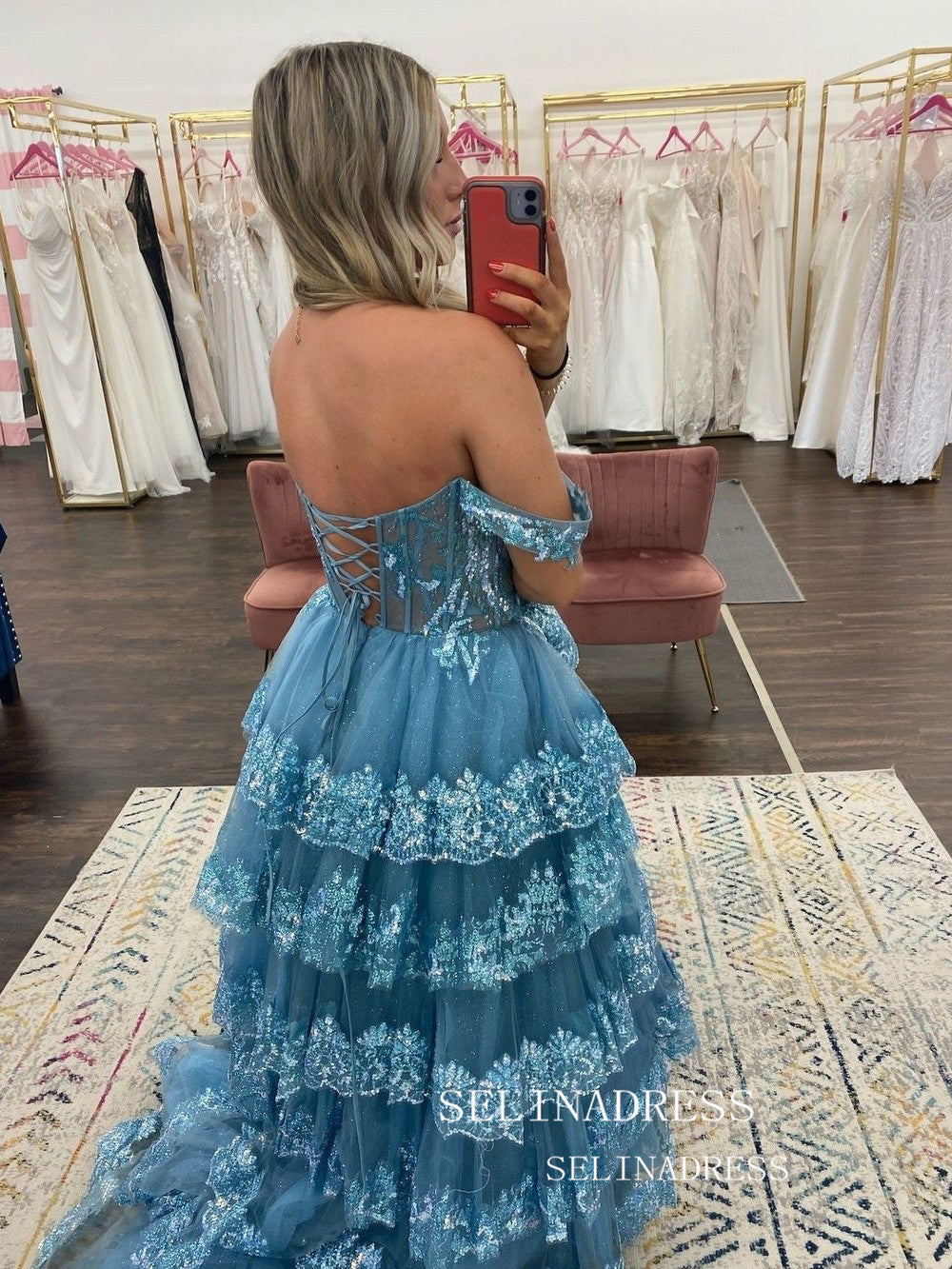 A-line Off the Sholder Glitter Tulle Ball Gowns Lace Long Prom Dresses Cheap Evening Dress JKSS01|Selinadress