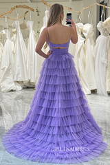 A-line Spaghetti Straps Lilac Ruched Tiered Prom Gown With Slit lpk936