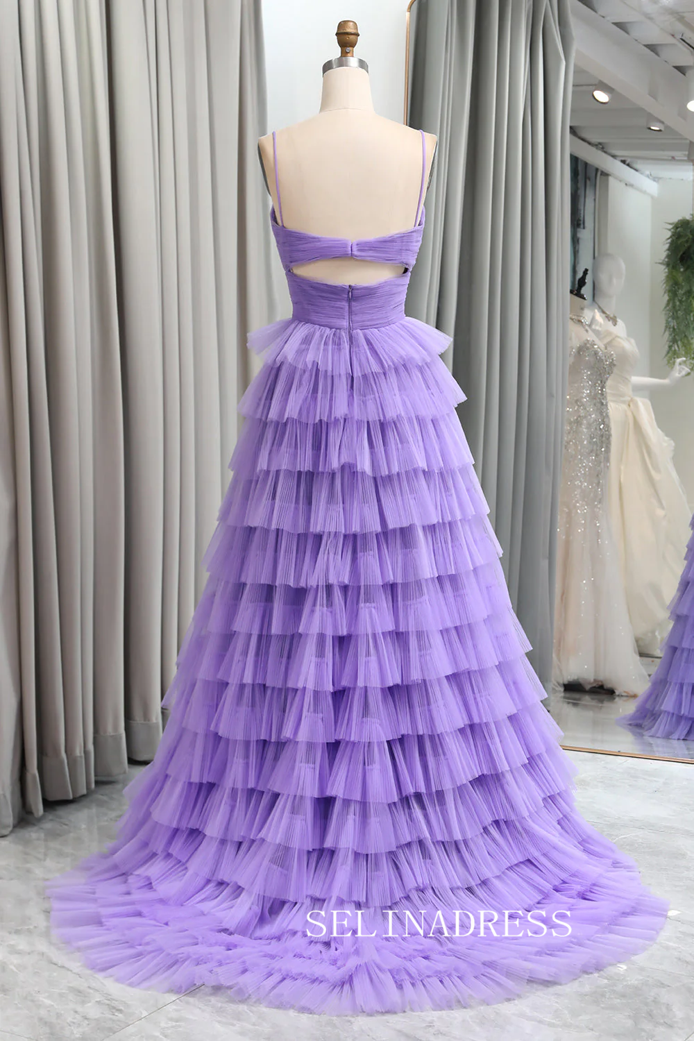 A-line Spaghetti Straps Lilac Ruched Tiered Prom Gown With Slit lpk936