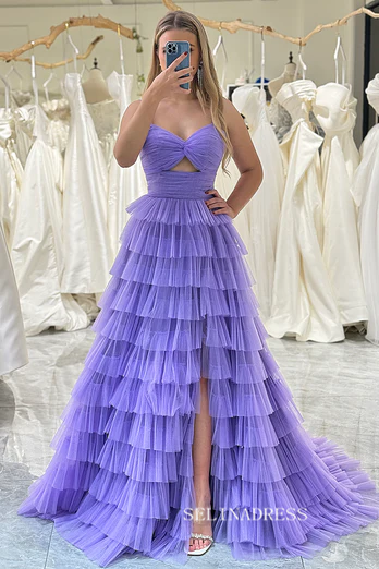 A-line Spaghetti Straps Lilac Ruched Tiered Prom Gown With Slit lpk936