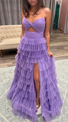 A-line Spaghetti Straps Lilac Ruched Tiered Prom Gown With Slit lpk936