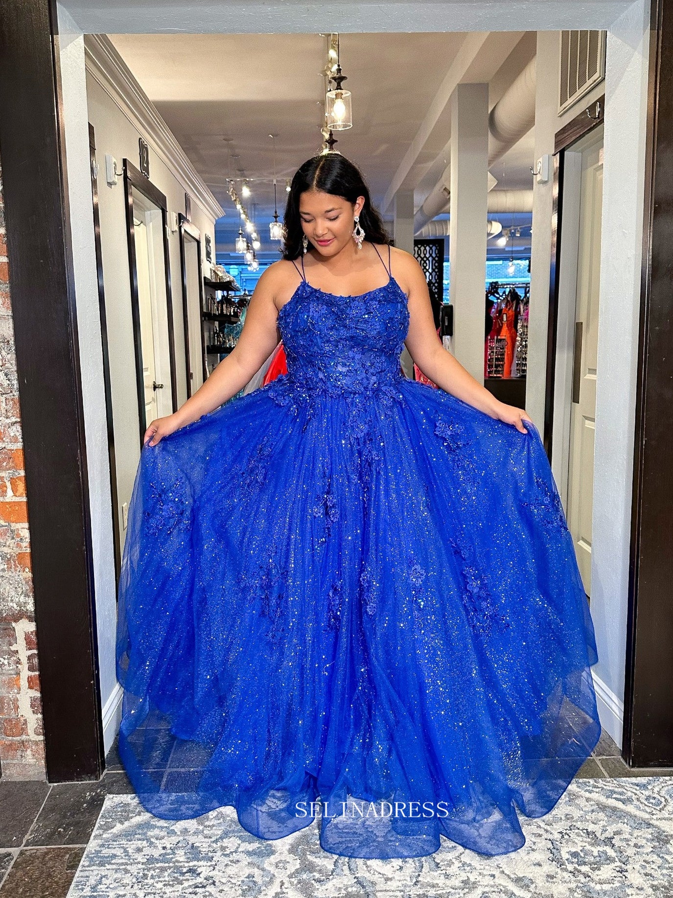 A-line Spaghetti Straps Royal Blue Sparkly Lace Long Prom Dress sew1068|Selinadress